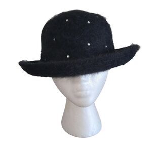 Vtg Cappelli Straworld Black Cloche Hat Angora Wool Blend Rhinestones 24" Around